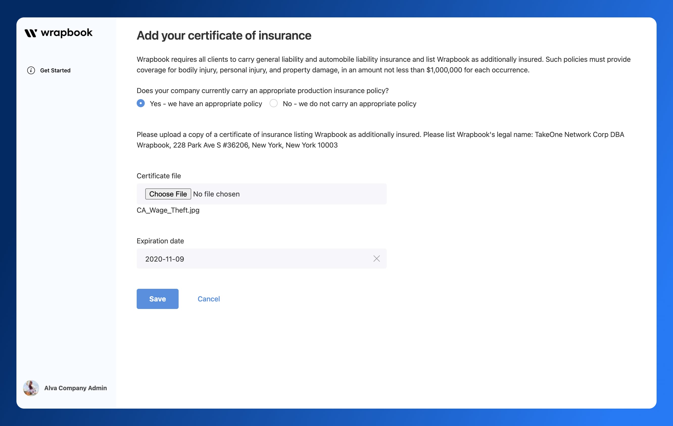 Certificates of Insurance - Add COI - Wrapbook