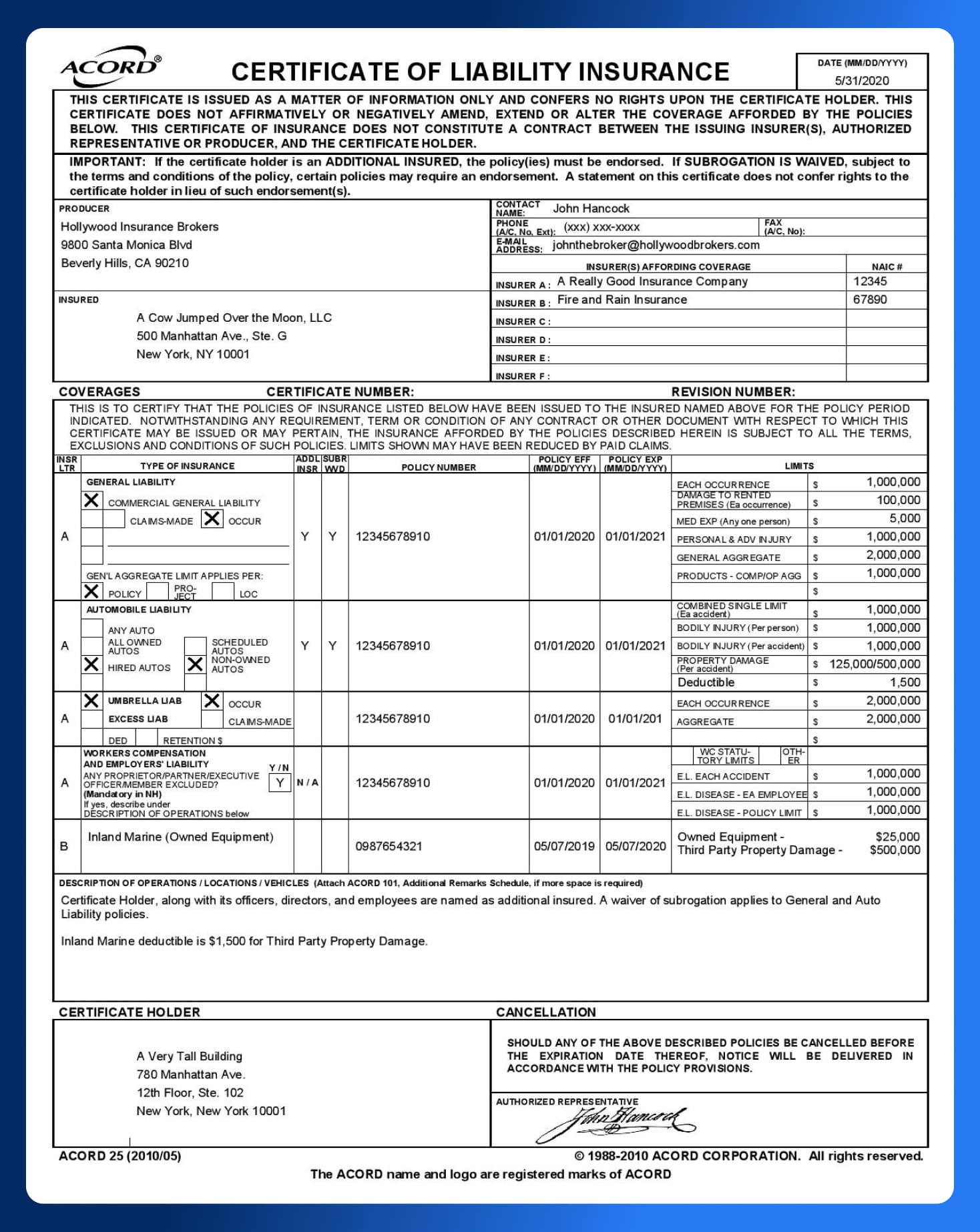 NYC Film Permits - Certificate of Insurance - Wrapbook