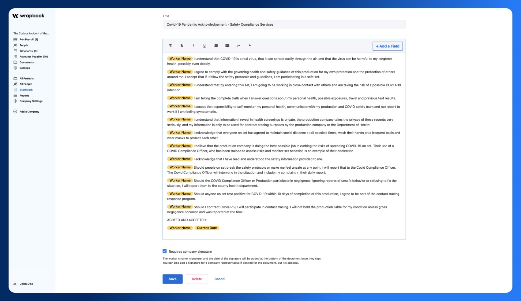 You can digitally collect signatures on Covid-19 Liability Waivers in Wrapbook