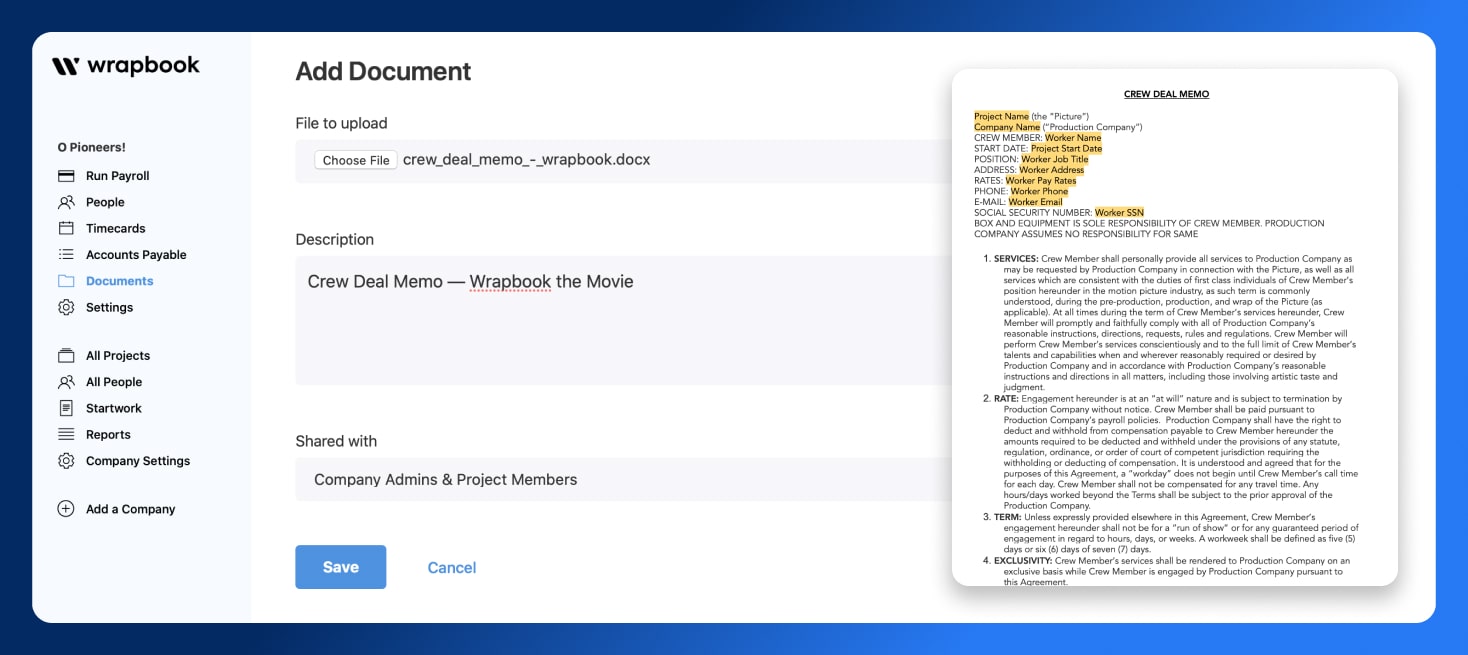 Find a New Payroll Company - Crew Deal Memo Startwork - Wrapbook